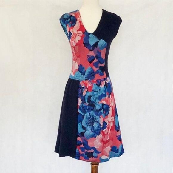 Anthropologie Silk Infused Leifsdottir Faux Wrap Color Block Floral Knit Dress M - Picture 2 of 10